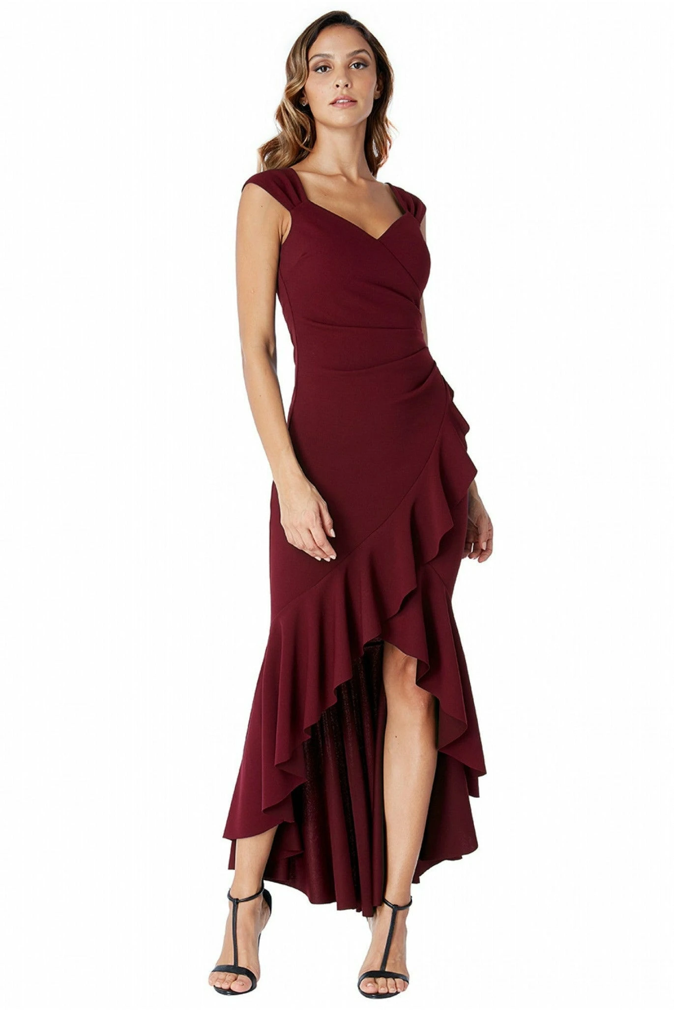 Goddiva High Low Frill Hem Maxi Dress - Wine 1 Goddiva High Low Frill Hem Maxi Dress - Wine