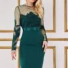 Goddiva Embroidered Mesh & Scuba Midi Dress - Emerald Green