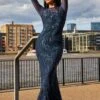 Goddiva Long Sleeve Sequin Flame Maxi Dress - Navy