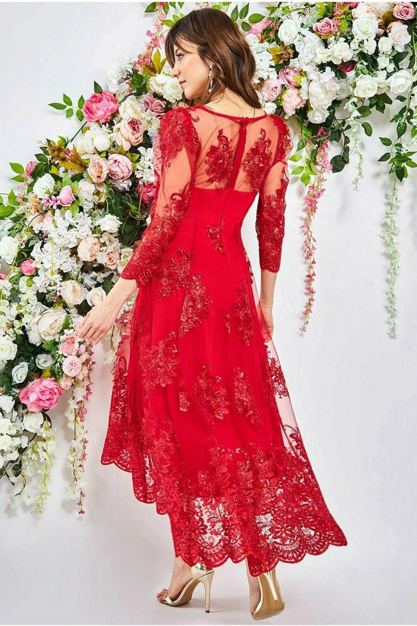 Goddiva Scalloped Lace High Low Midi Dress - Red 2 Goddiva Scalloped Lace High Low Midi Dress - Red - Image 2