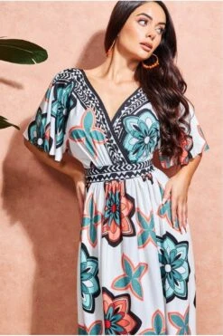 Goddiva Printed Flutter Sleeve Maxi Dress - Cream -Yumi Clothing Shop wc4fljBw 15447