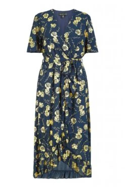 Mela London Navy Rose Foil Print Wrap Midi Dress -Yumi Clothing Shop wfImHHwv 13507