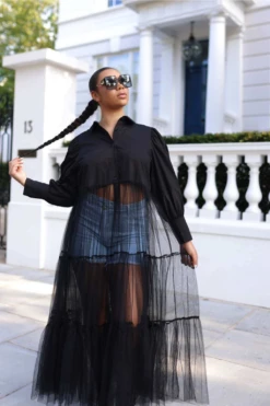 Setsofran London Black Sheer Tulle Shirt Dress -Yumi Clothing Shop wfj7rK7F 15714