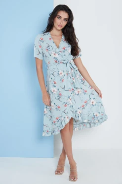 Lilura London Floral Frill Midi Wrap Dress In Blue -Yumi Clothing Shop x8A887tT 15707