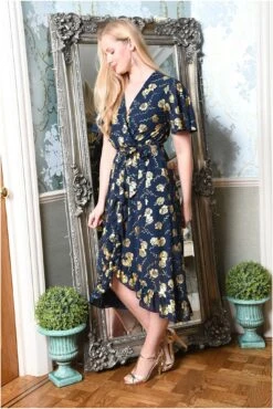 Mela London Navy Rose Foil Print Wrap Midi Dress -Yumi Clothing Shop xIoIDpZX 13507