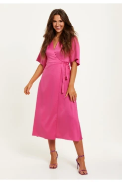 Liquorish Pink Midi Wrap Dress With Kimono Sleeves