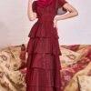 Goddiva Modesty Sequin Lurex Tiered Maxi Dress - Wine