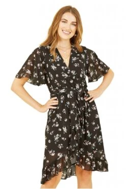 Mela London Black Floral Frill Wrap Dress -Yumi Clothing Shop xfOXqCVr 14761