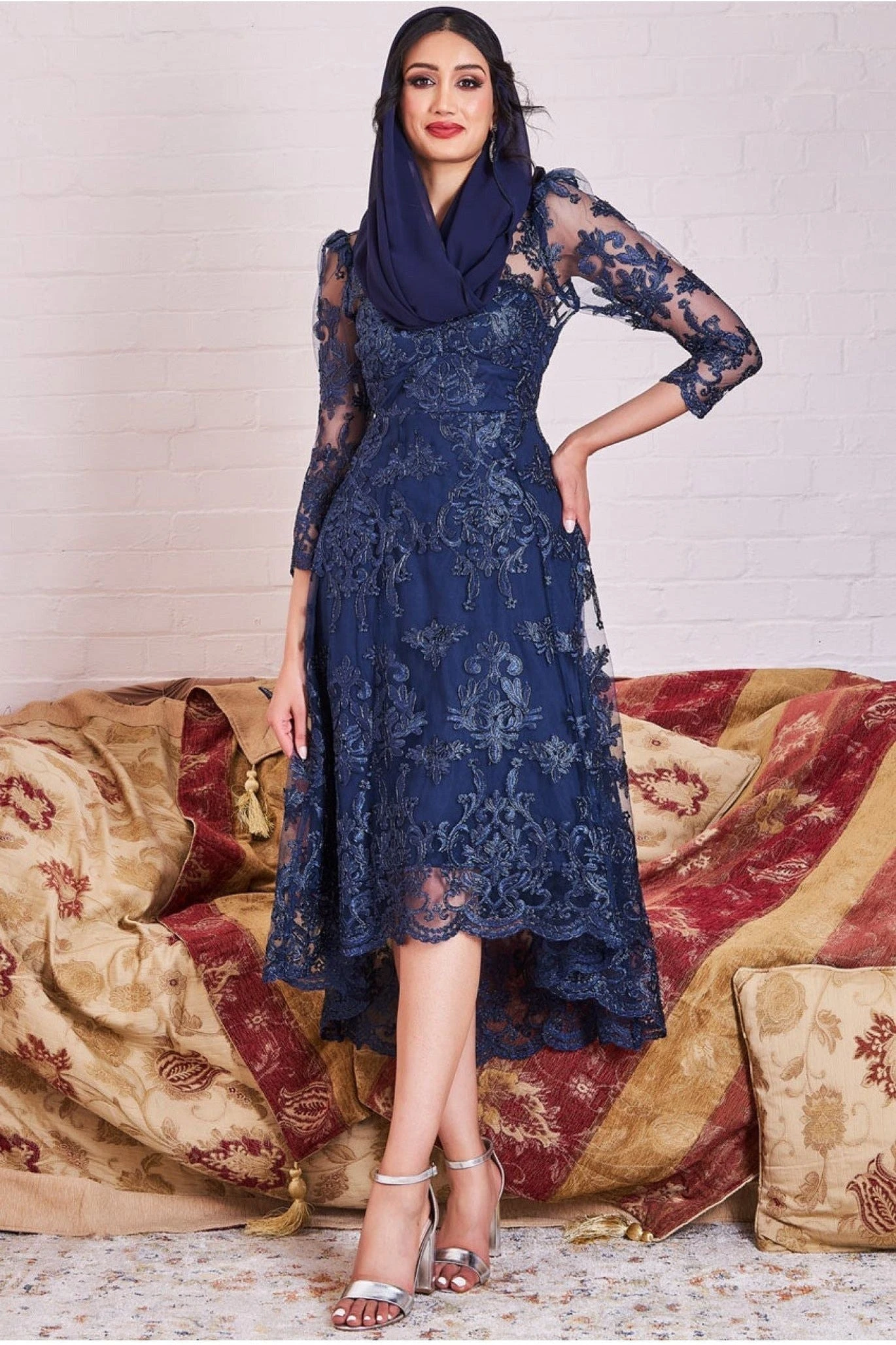 Goddiva Modesty Lace Dipped Hem Midi Dress - Navy 1 Goddiva Modesty Lace Dipped Hem Midi Dress - Navy