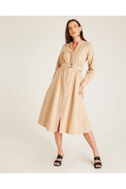 Dusty Pink Buttoned Front Belted Shirt Dress | Beige