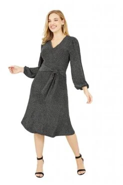 Yumi Black Sparkle Stretch Midi Dress