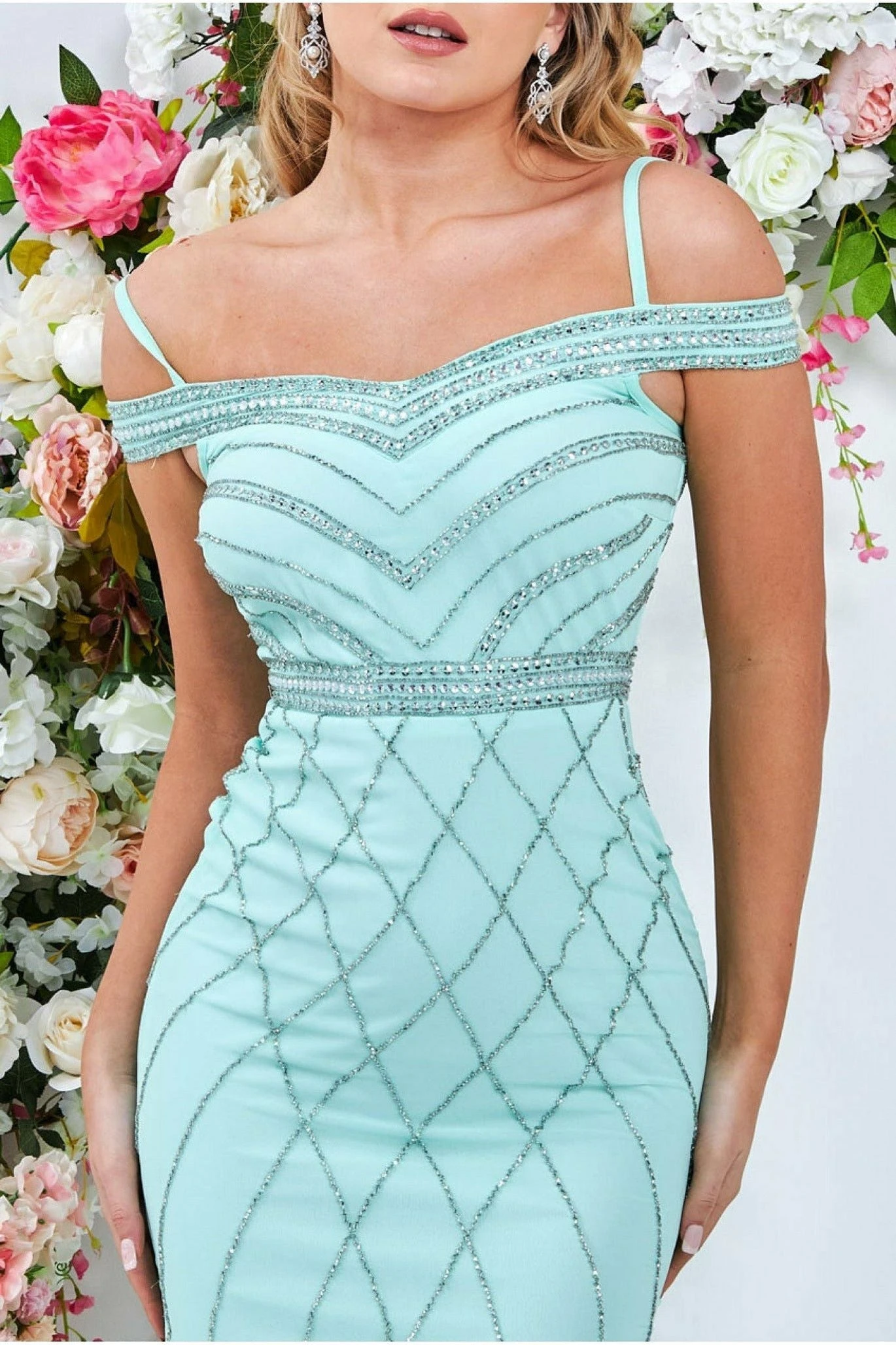 Goddiva Off The Shoulder Sequin Maxi Dress - Mint 3 Goddiva Off The Shoulder Sequin Maxi Dress - Mint - Image 3