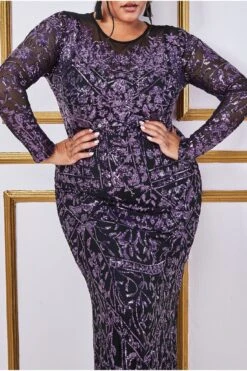 Goddiva Plus Sequin Mesh Embroidered Maxi Dress - Purple -Yumi Clothing Shop yeGL5ruI 13431