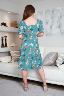 Double Second Teal Floral Square Neck Dress -Yumi Clothing Shop ysLGH27M 14748