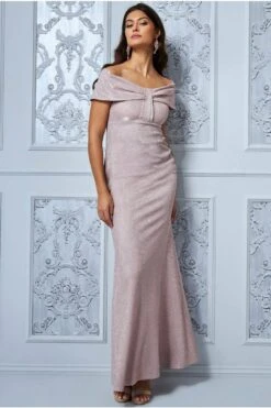 Goddiva Bardot Bow Detail Maxi Dress - Blush