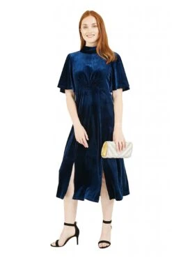 Yumi Navy Velvet Midi Dress With Back Tie