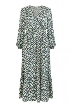 Yumi Green Geo Print Wrap Satin Midi Dress -Yumi Clothing Shop zGu7K0Yy 13357