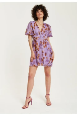 Liquorish Purple Floral V Neck Mini Dress