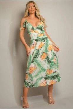 De La Creme Fashions Green Tropical Print Wrap Midi Dress