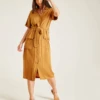 Dusty Pink Button Up Short Sleeve Midi Dress | Dark Camel