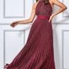 Goddiva Lurex Halterneck Pleated Maxi Dress - Wine