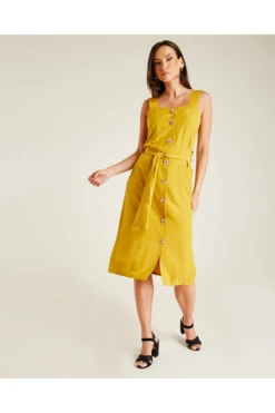 Dusty Pink Button Front Pinafore Dress | Mustard