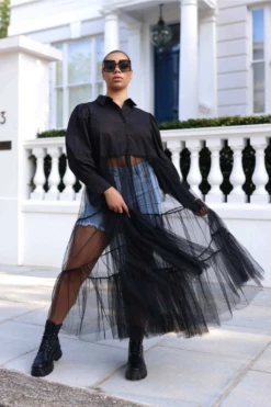 Setsofran London Black Sheer Tulle Shirt Dress -Yumi Clothing Shop zUbk5LCm 15714