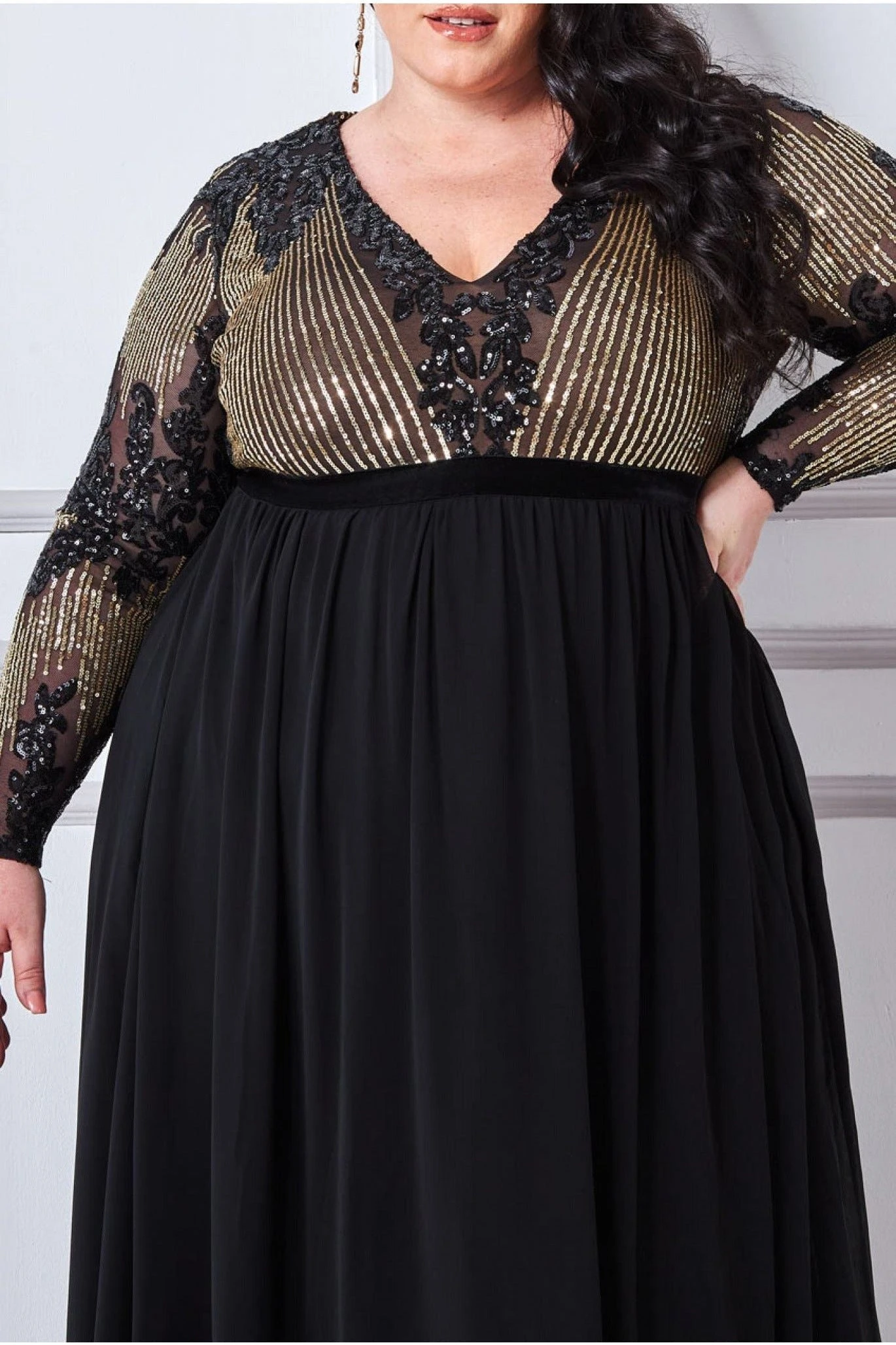 Goddiva Plus Sequin Mesh Bodice Maxi Dress - Black 3 Goddiva Plus Sequin Mesh Bodice Maxi Dress - Black - Image 3