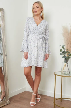 Lilura London Wrap Dress With Frill Sleeve In White Floral -Yumi Clothing Shop ztTO3kI1 15688